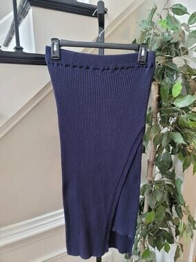 Aqua Pencil Skirt Women's Small Navy Glitter Ribbed Wrap-Front Slit Stretch